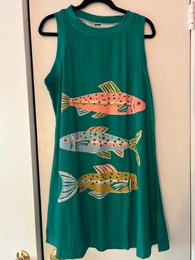 Green Fish-Print Sleeveless Shirt Dress